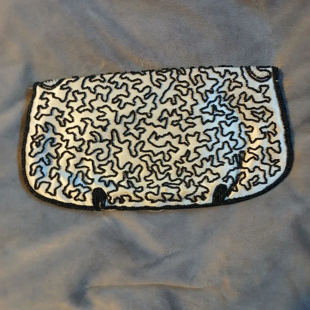 Vintage Women's Fabric White Clutch Abstract Black Beading